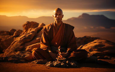 meditating monk on sahara. - 764565157