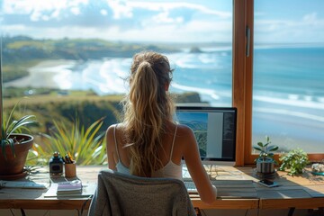 Transform Your Remote Work Experience: Woman's Guide to Ocean View Home Offices - Embrace Seaside Living, Productivity, and Tranquility for the Ultimate Work-Life Balance - obrazy, fototapety, plakaty