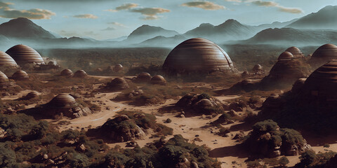 A digital artwork of a transformed Mars settlement in the future, showcasing domed habitats, terraforming machinery, and abundant greenery changing the red planet into a livable world.