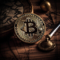 Bitcoin coin placed on old map. - 764565359