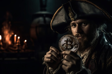 Pirate holds a bitcoin coin in his hand.
