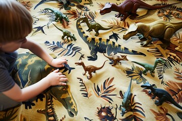 child playing on rug with dino pattern, toy dinosaurs scattered - obrazy, fototapety, plakaty