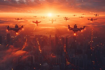A squadron of unmanned aerial vehicles patrols over the evening city - obrazy, fototapety, plakaty