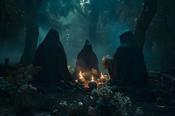 Witches in black cloaks performing a ritual in a dark forest to create a spooky Halloween atmosphere. Concept Halloween, Witchcraft, Dark Forest, Black Cloaks, Ritual - obrazy, fototapety, plakaty