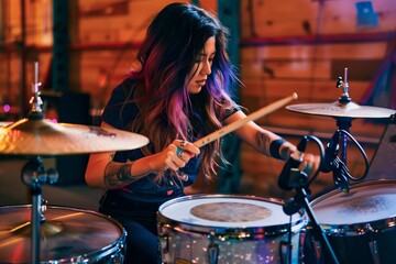 Fototapeta na wymiar female with dyed hair playing drums in a band rehearsal