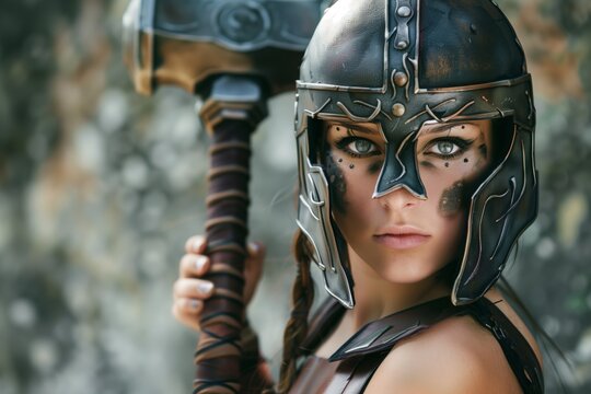 female warrior in helmet holding a warhammer