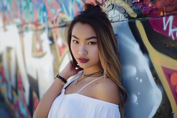 young woman posing for a photo against graffiti backdrop
