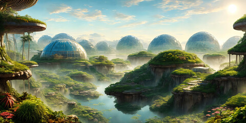 Vibrant biodome city on alien planet. diverse ecosystems, artificial, bioengineered.