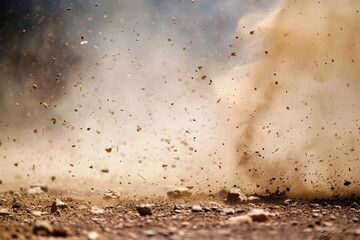 Intense storm of dust and debris kicked up from the dry, earthy ground creating a chaotic, turbulent cloud of suspended particles in the air