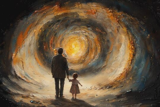 father and son looking through moving circle  portal . Imagination and fair tale concept, moving background