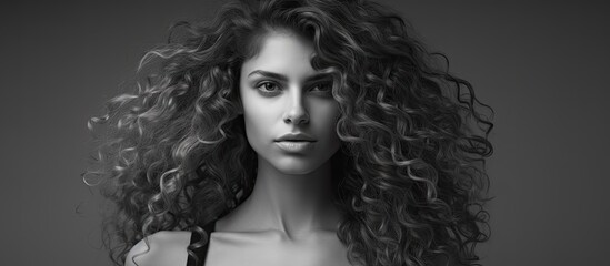 Fototapeta premium An image featuring a detailed view of a woman's upper body with long, curly hair, dressed in a bra