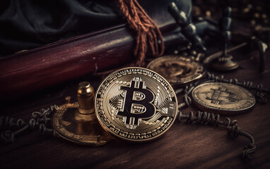 Bitcoin coin placed on the table.