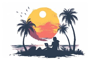 Silhouette of a Woman at Sunset: A Journey into Tranquility and Productivity in Remote Work on a Tropical Beach