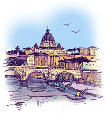 Architecture sketch illustration. An urban colorful landscape of Rome, Liner sketches architecture of Rome. Freehand digital drawing. Hand drawn travel postcard, banner, poster.