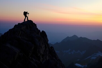 silhouette of hiker on peak during sunrise