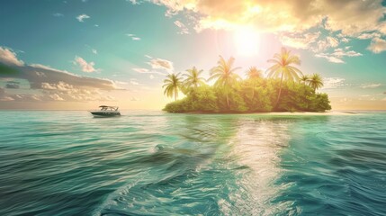 Beautiful summer landscape of tropical island with boat in ocean - obrazy, fototapety, plakaty