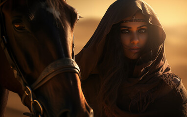 arabian woman and horse in sun light and desert in background.