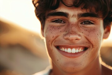 Close up of a young man with a gentle smile, warm and inviting atmosphere, soft earth tones and subtle sunlight