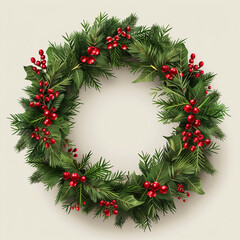 Fototapeta na wymiar Digital illustration of Evergreen wreath with with red berries and holly