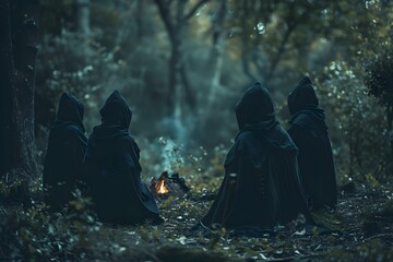 Witches in Black Cloaks Creating a Spooky Halloween Atmosphere with a Ritual in a Dark Forest. Concept Halloween Photoshoot, Witchcraft Theme, Dark Forest Setting, Black Cloaks, Spooky Atmosphere
