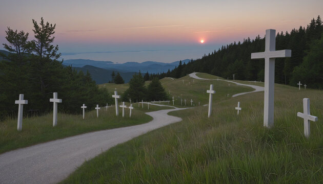 Crosses in the twilight and the landscape of the road colorful background