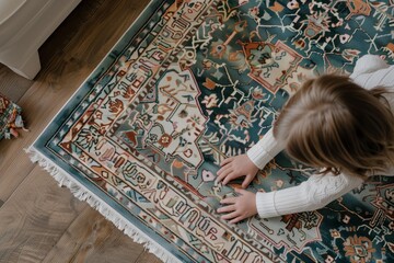child laying a patterned area rug - 764566341