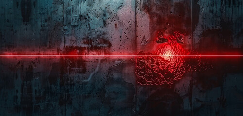 A striking abstract texture with a vibrant red laser line cutting through a dark, distressed metallic surface.