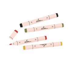 Kit of colored permanent markers. Open and closed bright highlighters of different colours. Drawing tools, art supplies, painting stationery. Flat isolated vector illustration on white background