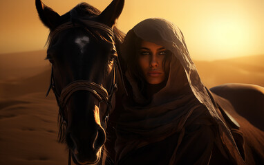 arabian woman and horse in sun light and desert in background. - 764566385