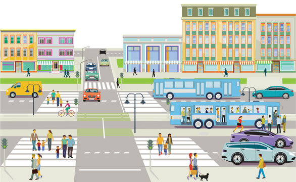 Straßenverkehr mit Fußgänger und Autos auf Straßen in der Stadt, Illustration