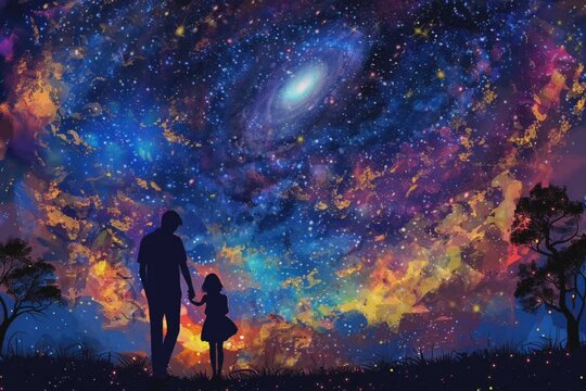 father and son looking through sky where stars and milk way moving around. Imagination and fair tale concept, moving background