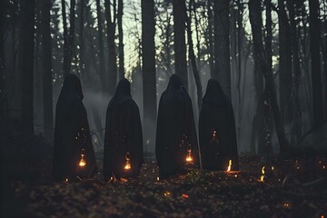 Witches in Black Cloaks Performing a Ritual in a Dark Forest, Setting a Spooky Halloween Atmosphere. Concept Witchcraft, Rituals, Dark Forest, Halloween, Spooky Atmosphere - obrazy, fototapety, plakaty