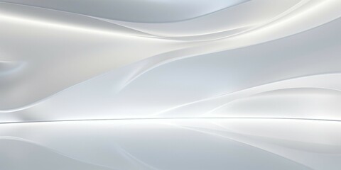 抽象背景横長テンプレート。銀色に反射するガラスの質感の白い波がある空間 - obrazy, fototapety, plakaty