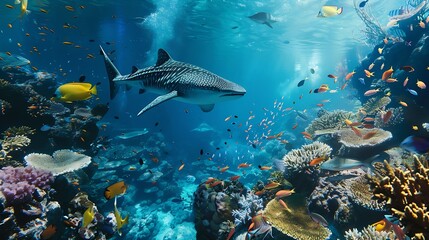 Generative AI : background of beautiful coral reef with marine tropical fish. Whale shark, 
