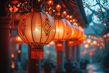 Chinese orange lantern in a old street
