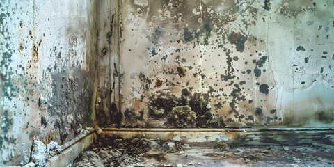 Gray mold and fungus on the wall of the room, the Water stains and mold after water damage effects of high and excessive humidity in the room, - obrazy, fototapety, plakaty