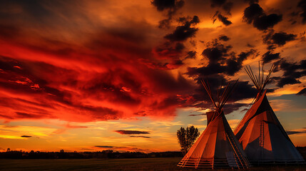 teepee indian tent standing in beautiful landscape.