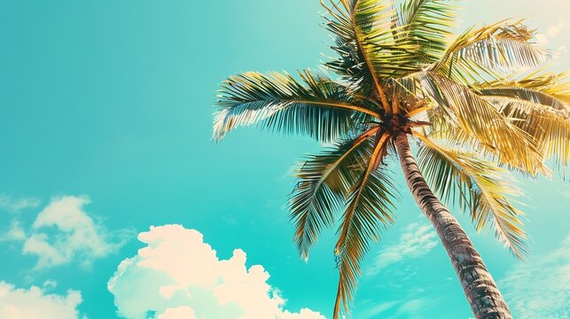 Generative AI : Palm tree on tropical beach with blue sky and white clouds abstract background. 