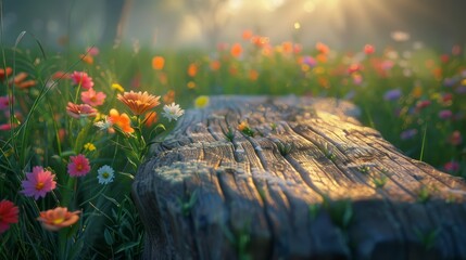 Enchanted forest floor with a tree stump amid a colorful bloom of wildflowers at dusk