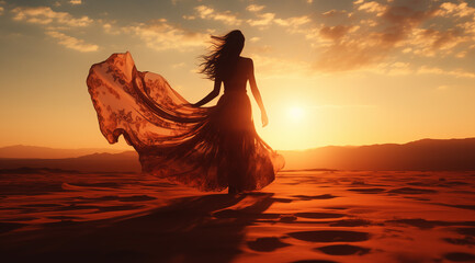 Silhouette of a beautiful woman in the desert in a long dress at sunset.
