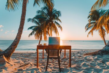 Minimalist Beach Office at Sunset: Remote Worker Finds Serenity and Inspiration in a Simplistic Seaside Workspace, Embracing the Calm and Beauty of Tropical Freelancing. - obrazy, fototapety, plakaty