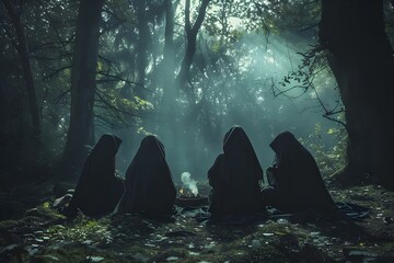 Witches in black cloaks perform a ritual in a dark forest Halloween witchcraft scene. Concept Halloween Photoshoot, Spooky Props, Witch Costumes, Dark Forest Setting, Ritual Performance