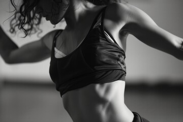 dancer midmovement, abs visible through a fitted top