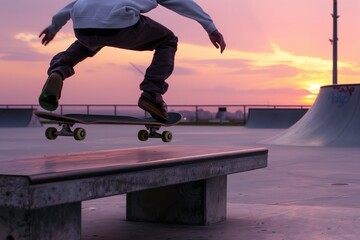 skateboarder doing an ollie over a concrete bench at sunset
