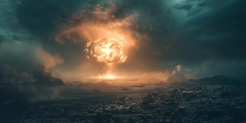 Apocalyptic scene with massive mushroom cloud from nuclear explosion cinematic concept. Concept Film Production, Nuclear Disaster, Sci-Fi Special Effects - obrazy, fototapety, plakaty