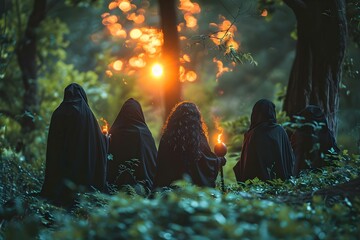 Witches in Black Cloaks Performing a Ritual in a Dark Forest: Halloween Witchcraft Scene. Concept Halloween, Witchcraft, Dark Forest, Ritual, Black Cloaks - obrazy, fototapety, plakaty