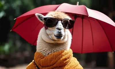 Deurstickers Llama wearing sunglasses and holding umbrella on green grass background. © Andrey
