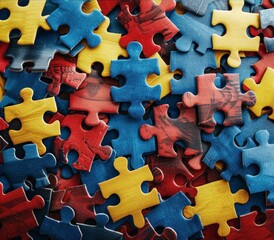 World Autism Awareness Day. Red and yellow, blue puzzles  In a blue background. The concept of awareness of autistic disorders. A horizontal banner with a place for text.