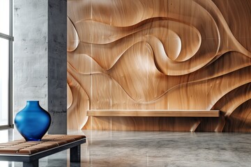A blue vase is displayed on a wooden bench against a wooden wall, adding a touch of art to the houses interior design. The hardwood flooring complements the wood stain on the bench