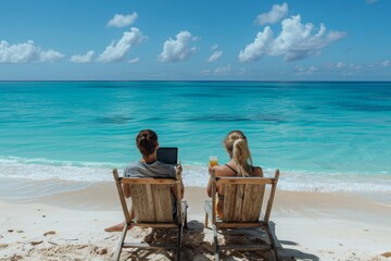 Early Morning Work Serenity: Embracing the Golden Hour on Tropical Beach, Woman Finds Productivity and Peace in Sunrise's Warm Light, Starting the Day in Paradise.